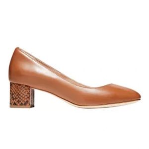 Cole Haan Leslie pump in British tan leather, snakeskin print block heel